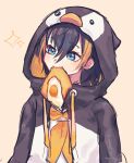  1girl animal_hood bangs black_hoodie blonde_hair blue_eyes bread_slice brown_hair egg fish_hair_ornament food_in_mouth hair_ornament highres hood hoodie multicolored_hair nijisanji nijisanji_en penguin_hood petra_gurin sailor_collar short_hair sleeves_past_fingers sleeves_past_wrists smile solo streaked_hair two-tone_hoodie virtual_youtuber white_hoodie yuno_(p2eocene) 