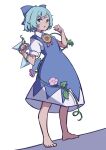  1girl absurdres barefoot blouse blue_bow blue_dress blue_eyes blue_hair blue_ribbon blue_wings bow cirno dark-skinned_female dark_skin dress dress_shirt fairy_wings flower hair_bow highres ice ice_wings kame_(kamepan44231) pinafore_dress plant puffy_short_sleeves puffy_sleeves red_bow red_ribbon ribbon shirt short_hair short_sleeves sunflower tan tanned_cirno touhou vines white_blouse white_shirt wing_collar wings 