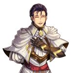  1boy alternate_costume black_hair bowing closed_eyes commission commissioner_upload fire_emblem fire_emblem:_thracia_776 fire_emblem_heroes gloves gzei hand_on_own_chest highres open_mouth reinhardt_(fire_emblem) simple_background smile solo 