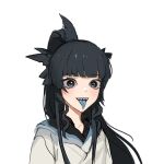  1girl artemis_of_the_blue atelier_live bangs black_eyes black_hair blue_tongue colored_tongue commentary eyebrows_visible_through_hair highres indie_virtual_youtuber japanese_clothes jason_kim kimono long_hair looking_at_viewer mole mole_under_eye open_mouth ponytail sharp_teeth simple_background solo teeth tongue tongue_out upper_body virtual_youtuber white_background white_kimono 
