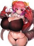  1girl bangs black_panties breasts claws cleavage clenched_teeth dragon_girl dragon_horns dragon_tail fumio_(rsqkr) fur_collar highres horns huge_breasts ilulu_(maidragon) kobayashi-san_chi_no_maidragon long_hair looking_at_viewer multicolored_hair navel panties purple_hair red_eyes red_hair sharp_teeth simple_background slit_pupils smile solo tail teeth thighs two-tone_hair underwear white_background 