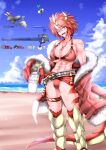  1boy 1girl abs absurdres animal_ears artist_name bangs bare_shoulders beach belt bikini black_belt black_hair blue_sky bomb breasts cigarette claws cleavage cloud collarbone commentary cup day dein_(g_(genesis1556)) dolphin dragon_boy dragon_girl dragon_horns dragon_tail drinking_straw eyebrows_visible_through_hair fake_animal_ears fangs fur-trimmed_jacket fur-trimmed_sleeves fur_trim g_(genesis1556) groin hair_between_eyes hammer highres holding holding_cup holding_hammer horns jacket jewelry large_breasts long_sleeves looking_at_viewer male_swimwear monster_girl mouth_hold multicolored_hair navel necklace o-ring o-ring_bikini ocean off_shoulder one_eye_closed open_mouth orca original outdoors parody rabbit_ears red_bikini red_eyes red_hair red_jacket rio_(g_(genesis1556)) sarong scar scar_on_arm scar_on_face scar_on_leg scar_on_stomach shadow shark short_hair sidelocks skindentation sky smoking solo_focus standing stomach streaked_hair super_smash_bros. swim_trunks swimsuit tail teeth thigh_strap translation_request underboob user_interface watermark white_hair 