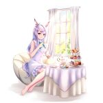  1girl animal_ears bangs barefoot closed_mouth cup dress ear_ribbon frilled_dress frills full_body highres holding holding_cup horse_ears horse_girl horse_tail light_blush light_purple_hair long_hair looking_at_viewer mejiro_mcqueen_(umamusume) purple_eyes sebu_illust shiny shiny_hair short_dress sitting sleeveless sleeveless_dress smile solo swept_bangs table tail teacup tiered_tray umamusume white_dress window 