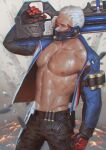  1boy abs bara bare_pectorals black_pants blue_eyes blue_jacket gloves gun handgun holding holding_gun holding_weapon jacket looking_at_viewer male_focus mask muscular muscular_male navel nipples open_clothes open_jacket overwatch pants pectorals penguin_frontier scar scar_on_chest scar_on_face short_hair soldier:_76_(overwatch) solo thigh_strap visor weapon white_hair zipper 
