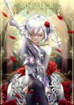  1girl backlighting boots closed_mouth crossed_legs crying english_text flower g_riya119 gears grey_eyes hair_bun hair_flower hair_ornament highres holding holding_sword holding_weapon looking_at_viewer petals red_flower rose sad sidelocks silver_gloves sinoalice sitting snow_white_(sinoalice) solo sword thigh_boots thighhighs weapon white_hair 