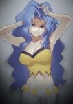  1girl absurdres armpits arms_up bangs blue_hair blurry breasts cleavage commentary_request cowboy_shot elite_four eyelashes forehead grey_background grey_eyes grin hair_intakes hands_in_hair highres huge_filesize karen_(pokemon) long_hair looking_at_viewer midriff momihige navel pants parted_bangs parted_lips pokemon pokemon_(game) pokemon_hgss shaded_face shirt simple_background smile solo very_long_hair white_pants yellow_shirt 
