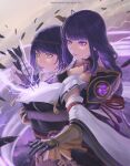 2girls armor arrow_(projectile) arrow_in_body artist_name bangs black_hair black_nails blurry blurry_foreground bomberminda braid breasts bridal_gauntlets cleavage closed_mouth commentary detached_sleeves electricity english_commentary feathers genshin_impact gloves hair_ornament highres hug hug_from_behind japanese_clothes kujou_sara large_breasts long_hair mole mole_under_eye multiple_girls open_mouth purple_eyes purple_hair raiden_(genshin_impact) ribbon short_hair shoulder_armor simple_background tassel vision_(genshin_impact) yellow_eyes 