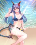  1girl arknights beach belt bikini blue_hair blue_sky blurry breasts ch&#039;en_(arknights) ch&#039;en_the_holungday_(arknights) cleavage closed_mouth coconut_tree depth_of_field dragon_horns dragon_tail flower front-tie_bikini front-tie_top grey_shorts hair_flower hair_ornament highres horns large_breasts light_rays lingshalan long_hair looking_at_viewer micro_shorts navel ocean outdoors palm_tree red_eyes rhodes_island_logo sand shore shorts sky solo sun swimsuit tail tree wet 