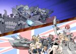  6+girls abyssal_ship adapted_costume anzio_princess ark_royal_(kancolle) back-to-back bangs blonde_hair blue_eyes blunt_bangs bob_cut bow_(weapon) braid brown_hair compound_bow crossed_legs crown dress european_princess european_water_princess flag_background flower french_braid globus_cruciger gloves hairband hat headgear highres janus_(kancolle) jervis_(kancolle) kantai_collection long_hair long_sleeves machinery messy_hair military military_uniform mini_crown multiple_girls nelson_(kancolle) off-shoulder_dress off_shoulder overskirt red_flower red_hair red_neckwear red_ribbon ribbon sailor_dress sailor_hat scepter sheffield_(kancolle) short_hair sitting suke_(share_koube) thighhighs tiara uniform union_jack warspite_(kancolle) weapon white_dress white_gloves white_headwear white_legwear 