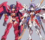  2girls ahoge bangs blue_hair breasts cleavage dual_wielding forehead_jewel green_eyes grey_background gundam gundam_epyon gundam_wing highres holding holding_sword holding_weapon leotard looking_at_viewer mecha_musume mechanical_wings michi_kuso multiple_girls navel personification purple_hair short_hair sword weapon wing_gundam_zero wings 