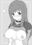  1girl bangs blush breasts breasts_outside closed_mouth greyscale hair_ornament hairclip kiikii_(kitsukedokoro) large_breasts long_hair long_sleeves looking_at_viewer monochrome nipples portrait solo sophia_esteed star_ocean star_ocean_till_the_end_of_time upper_body 