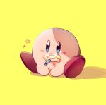  blue_eyes blush blush_stickers candy eating food full_body invincible_candy jpeg_artifacts kirby kirby_(series) lollipop mouth_hold nao_(naaa_195) no_humans simple_background sitting solo star_(symbol) yellow_background 