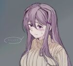  ... 1girl :s blush blush_stickers breasts chomahu closed_mouth commentary doki_doki_literature_club eyebrows_visible_through_hair grey_background hair_between_eyes hair_intakes hair_ornament hairclip jaggy_line large_breasts long_hair purple_eyes purple_hair ribbed_sweater simple_background sketch solo speech_bubble split_mouth spoken_ellipsis sweatdrop sweater turtleneck turtleneck_sweater upper_body yuri_(doki_doki_literature_club) 