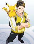  1boy backpack bag bara black_hair black_pants closed_mouth cosplay crossed_arms fingerless_gloves gen_1_pokemon gloves headband hood hoodie jigoku_meguri looking_at_viewer male_focus male_protagonist_(pokemon_go) male_protagonist_(pokemon_go)_(cosplay) muscular muscular_male pants pectorals pikachu pokemon pokemon_(game) pokemon_go sengoku_basara smile solo spiked_hair tokugawa_ieyasu_(sengoku_basara) 