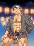  1boy abs bara beard blush chest_hair cigarette contrapposto dark-skinned_male dark_skin erection facial_hair feet_out_of_frame fundoshi fundoshi_aside grey_kimono highres japanese_clothes kimono kirupi large_pectorals leg_hair long_sideburns looking_at_viewer male_focus male_pubic_hair mature_male mononobe_kyoma_(tokyo_houkago_summoners) multicolored_hair muscular muscular_male navel navel_hair nipple_slip nipples open_clothes open_kimono pectorals penis pubic_hair short_hair short_kimono sideburns smile solo stomach streaked_hair stubble testicles thick_eyebrows thick_thighs thighs tokyo_houkago_summoners uncensored veins veiny_penis white_hair white_male_underwear 