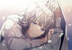  1boy blue_eyes cape commentary crown fate/grand_order fate_(series) gradient gradient_background male_focus oberon_(fate) petals silver_hair smile syerii 