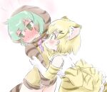  2girls @_@ animal_ears animal_print back_bow bare_shoulders blonde_hair blush bow bowtie cat_ears cat_girl cat_print cat_tail commentary_request elbow_gloves extra_ears eyebrows_visible_through_hair full-face_blush gloves green_eyes green_hair high-cut_armor hood hood_up hoodie hug kemono_friends long_sleeves multiple_girls print_bow print_gloves print_hoodie print_neckwear print_skirt sand_cat_(kemono_friends) shirt short_hair short_sleeves skirt sleeveless snake_print snake_tail t-shirt tail tsuchinoko_(kemono_friends) uho_(uhoyoshi-o) white_shirt 