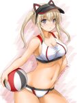  1girl akimoto_dai animal_ears artist_name ball beach_volleyball bikini blonde_hair breasts cat_ears cleavage commentary_request cowboy_shot dated fake_animal_ears graf_zeppelin_(kancolle) grey_eyes groin hand_on_hip highres kantai_collection long_hair looking_at_viewer navel one-hour_drawing_challenge sidelocks solo sports_bikini swimsuit twintails visor_cap volleyball white_bikini 