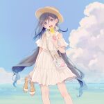 1girl ahoge bag blue_sky cloud colis commentary_request day dress feet_out_of_frame food grey_eyes grey_hair hair_between_eyes hair_bun hat horizon kantai_collection kiyoshimo_(kancolle) long_hair looking_at_viewer low_twintails ocean open_mouth outdoors popsicle shoes_removed sky solo standing sun_hat twintails white_dress 