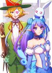  1boy 1girl bare_shoulders blue_eyes blue_hair breasts bunny character_request cleavage green_headwear green_suit hair_ornament hat highres looking_at_viewer maou-jou_de_oyasumi mask navel pointy_ears ranchu000 scissors_sorceror snowflakes wings 