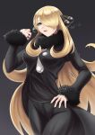  1girl black_coat black_pants black_shirt blonde_hair breasts coat cowboy_shot cynthia_(pokemon) dark_background fur-trimmed_jacket fur-trimmed_sleeves fur_collar fur_trim grey_eyes hair_ornament hair_over_one_eye hand_on_hip highres holding holding_poke_ball jacket long_hair panko_(chan8191) pants parted_lips poke_ball poke_ball_(basic) pokemon pokemon_(game) pokemon_dppt shirt solo very_long_hair 