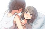  2girls absurdres betock blush brown_eyes brown_hair facing_another girl_on_top hand_on_another&#039;s_arm heart heart-shaped_pupils hidden_face highres lying mouth_drool multiple_girls on_back on_bed original ponytail short_hair symbol-shaped_pupils tank_top yuri 