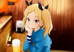  1girl absurdres ap45 beer_mug blonde_hair blue_sweater closed_mouth commentary_request counter cup eyebrows_visible_through_hair from_side grey_eyes hair_ornament hairclip highres izakaya light_blush light_smile long_sleeves looking_at_viewer medium_hair menu mole mole_under_eye mug partial_commentary restaurant shirobako smile solo sweater twintails upper_body yano_erika 