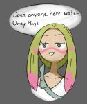 1girl blonde_hair bra bra_strap collarbone english_text facepaint forehead green_eyes grey_background half-closed_eyes happy mina_(pokemon) multicolored_hair off_shoulder pink_bra pink_hair pokemon pokemon_(game) pokemon_sm shirt short_hair_with_long_locks simple_background sketch smile solo speech_bubble talking teeth trial_captain triangle_mouth two-tone_hair underwear upper_body vilepluff white_shirt 