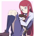  1girl book closed_mouth hair_ornament hairclip haruyama_kazunori little_witch_academia long_hair looking_at_viewer luna_nova_school_uniform red_hair sarah_bernard school_uniform skirt smile solo 