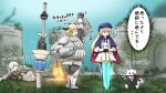  3girls ^^^ anastasia_(fate) animal arm_shield arm_up armor armored_boots arrow_(symbol) artoria_pendragon_(caster)_(fate) artoria_pendragon_(fate) beret black_gloves black_jacket black_legwear black_pants blue_cape blue_capelet blue_headwear blurry blurry_background bonfire_(dark_souls) boots cape capelet cavall_the_2nd clothed_animal commentary_request cosplay dark_souls_(series) dark_souls_i depth_of_field dog excalibur_morgan_(fate) fate/grand_order fate_(series) gareth_(fate) gloves grey_gloves hands_on_hilt hat headwear_removed helm helmet helmet_removed highres holy_moonlight_sword jacket jet_black_king_of_knights_ver._shinjuku_1999 knight lance mouth_hold multiple_girls neon-tetora pants pantyhose planted planted_sword polearm purple_footwear saber_alter saber_alter_(cosplay) shirt siegmeyer_of_catarina siegmeyer_of_catarina_(cosplay) skirt sword translation_request weapon white_shirt white_skirt 