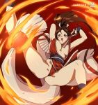  1girl :d arms_up bluethebone breasts brown_eyes brown_hair commentary covered_nipples english_commentary fatal_fury fire folding_fan hand_fan large_breasts legs long_hair looking_at_viewer nipple_slip nipples open_mouth ponytail red_background retro_artstyle reward_available shiranui_mai smile solo the_king_of_fighters 