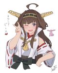  1girl absurdres ahoge black_skirt brown_hair bunny dated detached_sleeves double_bun hairband hakama_short_skirt hand_on_hip headgear highres inica japanese_clothes kantai_collection kongou_(kancolle) long_hair nontraditional_miko one_eye_closed purple_eyes remodel_(kantai_collection) ribbon-trimmed_sleeves ribbon_trim sash signature skirt upper_body v 