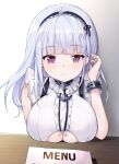  1girl absurdres anchor_choker azur_lane breasts breasts_on_table center_frills clothing_cutout collar dido_(azur_lane) eyebrows_visible_through_hair feng_mao_mc frilled_shirt frills highres large_breasts light_purple_hair long_hair looking_at_viewer maid menu metal_collar purple_eyes shirt smile solo underboob underboob_cutout white_shirt 