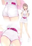  1girl :d ama_mitsuki ass ass_visible_through_thighs bangs bare_legs baseball belt belt_buckle between_legs blonde_hair blush brown_eyes brown_hair buckle commentary_request full_body gloves hands_on_hips hands_up heart high-waist_shorts highres looking_at_viewer multicolored_hair multiple_views open_mouth original pink_shirt pom_pom_(cheerleading) revision shirt shoes short_sleeves simple_background smile sneakers standing streaked_hair swept_bangs two-tone_hair white_background white_footwear white_gloves 