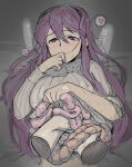  1girl 1other blush breath chomahu disembodied_limb disembowelment doki_doki_literature_club grey_background groping guro hair_intakes hair_ornament hairclip hand_to_own_mouth heart highres intestines long_hair lying mutilation on_back organs purple_eyes purple_hair scar scar_on_arm simple_background spoken_heart sweatdrop sweater turtleneck turtleneck_sweater yuri_(doki_doki_literature_club) 