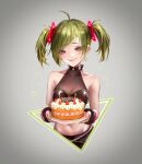  1girl absurdres black_skirt blush bracelet breasts cake collarbone delutaya food green_eyes grey_background hair_behind_ear halter_top halterneck head_tilt highres holding hyde_(tabakko) indie_virtual_youtuber jewelry medium_breasts navel pink_eyes plate skirt smile solo upper_body virtual_youtuber 