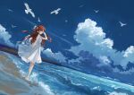  1girl axleaki beach bird cloud dress flock highres horizon long_hair original red_hair sand scenery sky solo twintails water waves white_dress 