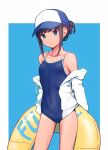  1girl baseball_cap black_hair blue_background blue_headwear blue_swimsuit breasts collarbone competition_school_swimsuit covered_navel cowboy_shot flat_chest fubuki_(kancolle) green_eyes hat highres holding holding_innertube hood hoodie innertube jacket kantai_collection looking_at_viewer low_ponytail multicolored multicolored_clothes multicolored_headwear nakaaki_masashi navel one-piece_swimsuit ponytail school_swimsuit short_ponytail sidelocks simple_background small_breasts smile solo standing swimsuit white_headwear white_jacket 