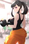  1girl absurdres bangs bare_shoulders black_gloves black_hair black_tank_top blurry blurry_background breasts dumbbell en&#039;en_no_shouboutai fingerless_gloves firefighter from_behind gloves gym high_ponytail highres large_breasts maki_oze muscular muscular_female orange_pants pants purple_eyes sakotach sidelocks sweat tank_top 