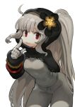  1girl arm_behind_back bangs black_flower copyright_request cowboy_shot flower grey_hair hair_flower hair_ornament hand_up highres index_finger_raised jun_(seojh1029) leaning_forward long_hair looking_at_viewer red_eyes simple_background solo very_long_hair white_background 