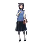  1girl abacus animal_ear_fluff animal_ears arknights black_footwear black_hair black_skirt blue_shirt brown_eyes cat_ears cat_girl cat_tail chinese_clothes dawn_(arknights) full_body game_cg hair_between_eyes hand_up holding holding_abacus huanxiang_heitu long_hair looking_at_viewer official_art shirt skirt smile solo standing tachi-e tail transparent_background white_legwear white_sleeves 