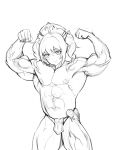  1girl abs arms_up bandaid bandaids_on_nipples bangs barbara_(genshin_impact) bodybuilder closed_mouth commentary cowboy_shot cross english_commentary eyebrows_visible_through_hair flexing genshin_impact greyscale highres jason_kim loincloth long_hair looking_at_viewer manly meme monochrome muscular muscular_female pasties pectorals pose simple_background sketch smile solo twintails vision_(genshin_impact) 