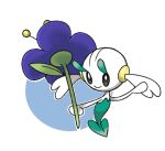  arm_up black_eyes blue_flower closed_mouth floette floette_(blue) flower full_body gen_6_pokemon happy holding holding_flower no_humans outline pokemon pokemon_(creature) simple_background smile solo two-tone_background vilepluff white_background white_outline 