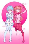  2girls ayanami_rei bangs blue_bodysuit blue_eyes blue_footwear blue_hair blue_legwear blue_pupils bodysuit bomhat boots breasts candy character_name circle cleavage closed_mouth commentary covered_navel english_text evangelion:_2.0_you_can_(not)_advance food full_body gradient gradient_background hair_between_eyes hand_up highleg highleg_leotard highres holding holding_candy holding_food holding_lollipop interface_headset leotard lollipop long_hair looking_at_viewer medium_breasts multiple_girls neon_genesis_evangelion open_mouth orange_hair pink_background pink_bodysuit pink_eyes plugsuit rebuild_of_evangelion short_hair skin_tight souryuu_asuka_langley test_plugsuit thigh_boots thighhighs two_side_up upper_teeth white_background yellow_pupils 