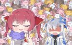 2girls :d =_= amane_kanata axolotl axolotl_(minecraft) blue_hair blush_stickers chibi colored_inner_hair commentary english_commentary fang hair_ornament hairclip halo hololive houshou_marine jacket kukie-nyan long_hair minecraft multicolored_hair multiple_girls open_mouth purple_eyes shaded_face silver_hair smile star_halo twitter_username two_side_up virtual_youtuber white_jacket 