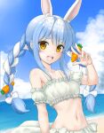  1girl :d animal_ear_fluff bangs bare_shoulders bikini blue_hair blue_sky bow braid brown_eyes bunny bunny-shaped_pupils carrot_hair_ornament cloud commentary_request day detached_sleeves extra_ears eyebrows_visible_through_hair flipper food-themed_hair_ornament hair_between_eyes hair_bow hair_ornament hand_up highres hololive horizon looking_at_viewer multicolored_hair navel ocean open_mouth outdoors puffy_short_sleeves puffy_sleeves short_eyebrows short_sleeves sky smile solo swimsuit thick_eyebrows twin_braids twintails two-tone_hair upper_teeth usada_pekora v virtual_youtuber water white_bikini white_bow white_hair white_sleeves 