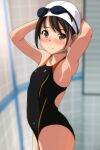  1girl absurdres armpits arms_behind_head arms_up bangs bare_arms bare_shoulders black_hair black_swimsuit blurry blurry_background blush breasts brown_eyes closed_mouth competition_swimsuit depth_of_field eyebrows_visible_through_hair goggles goggles_on_headwear highres indoors matsunaga_kouyou nose_blush one-piece_swimsuit original small_breasts smile solo swim_cap swimsuit tile_wall tiles white_headwear 