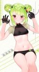  1girl :3 bangs black_gloves black_panties black_skirt blush breasts closed_mouth commentary crop_top delutaya demon_horns double_bun eyebrows_visible_through_hair eyes_visible_through_hair feet_out_of_frame gloves green_hair hair_ornament half_gloves hands_up highres holding horns hoshi_usagi indie_virtual_youtuber looking_at_viewer microskirt navel panties red_eyes short_hair short_sleeves skirt small_breasts solo stomach thread underwear virtual_youtuber 