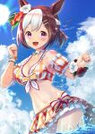  1girl absurdres animal_ears breasts brown_hair cloud flower hair_flower hair_ornament hairclip hibiscus highres horse_ears horse_girl jewelry md5_mismatch multicolored_hair necklace official_alternate_costume purple_eyes short_hair smile special_week_(umamusume) swimsuit tail two-tone_hair umamusume wanderlucia water white_hair 