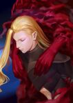  1boy absurdres armor black_armor blonde_hair blue_cape breastplate cape character_request closed_eyes closed_mouth fingernails forever_7th_capital hands hejia_abby highres long_hair male_focus red_nails smoke solo veins 
